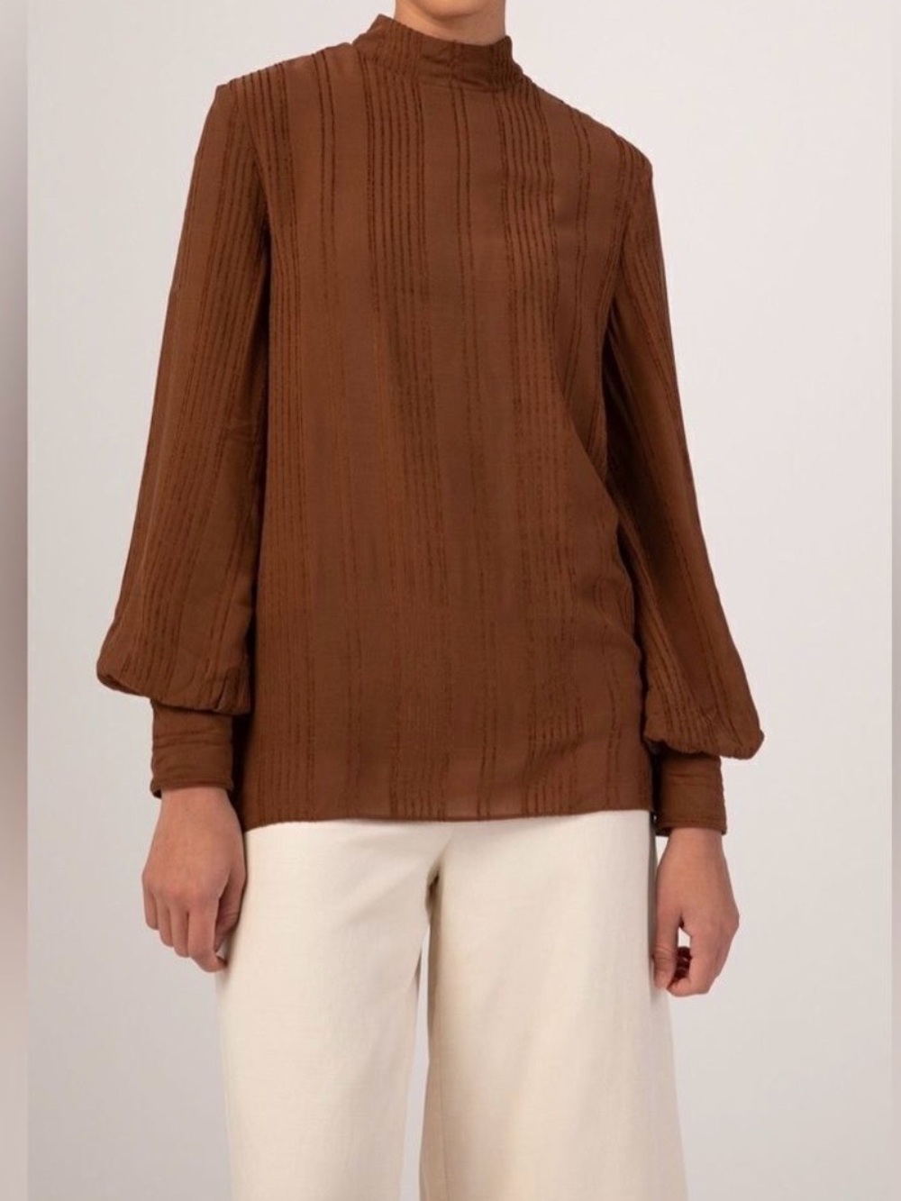 Brown Ribbed High-Neck Tunic Top - Picture 5 of 12